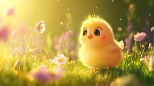 Fluffy baby chick glows in dreamy spring meadow light.