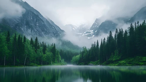 Mist-kissed mountain lake cradled by deep green forest.