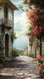 Cobblestone lane quietly pours into a lake of distant light