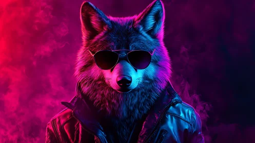 Neon cyberpunk wolf wears aviators and leather jacket.