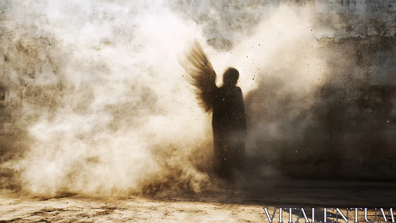 Winged human silhouette emerging in dense swirling dust.