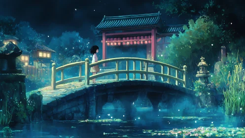Girl on arched bridge in glowing night garden scene