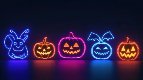 Neon jack-o’-lantern lineup glows against minimalist dark ground