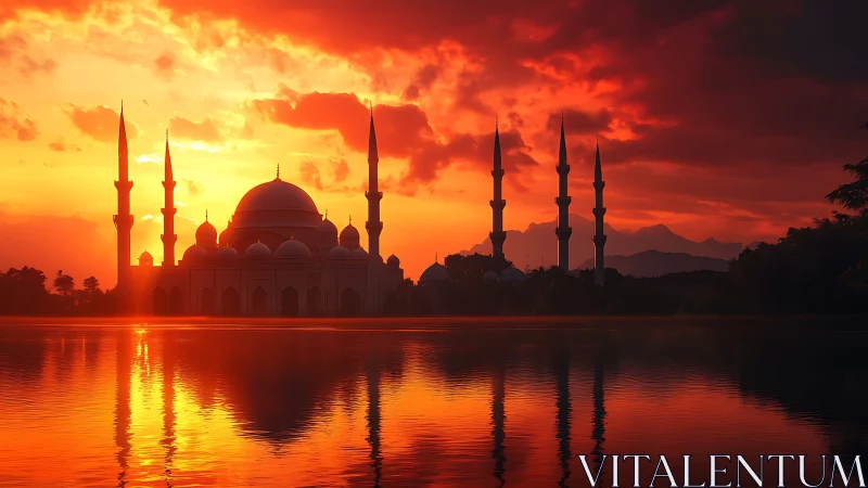 Silhouetted mosque and minarets at sunset across calm water.