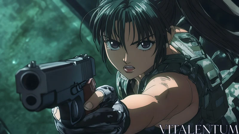 Armed female anime soldier extends handgun toward viewer