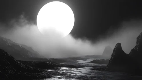 Moonrise over obsidian valleys in a spectral midnight mist.