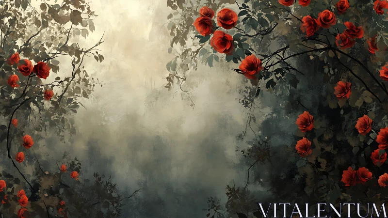 Crimson Blooms in Mist: Digital Floral Impressionism.