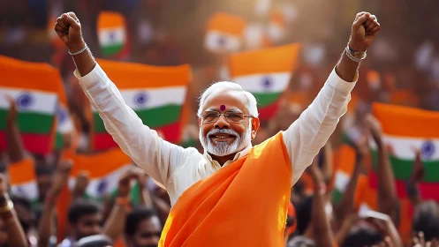 Smiling leader in orange robe amid waving Indian flags.