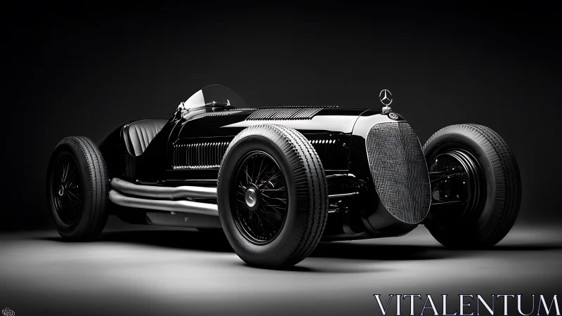 Vintage black Grand Prix race car stands under studio spotlight