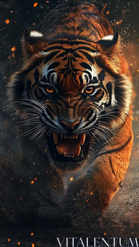 Roaring tiger charge amid embers in dynamic close perspective.