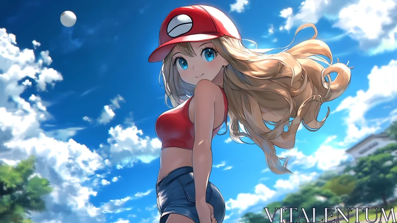 Anime girl stands outdoors under a bright midday sky