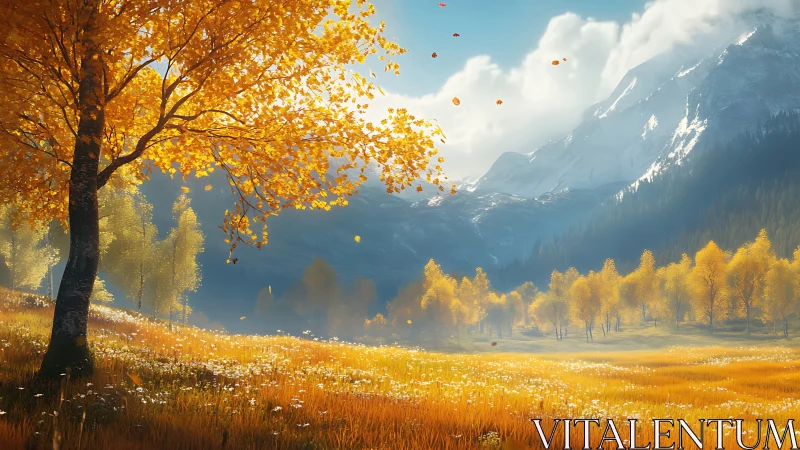 Autumn meadow extends toward distant snow-covered mountains