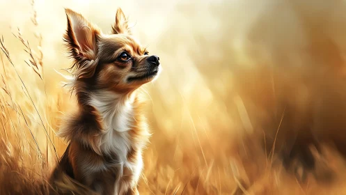 Long-haired chihuahua gazes upward in golden field light