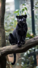 Melanistic panther poised on branch in soft diffused forest light