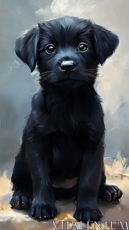 Digital portrait of black puppy with glossy fur and eyes.