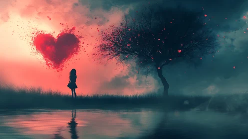 Solitary Silhouette Beneath Exploding Heart.