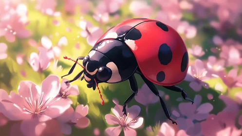 Macro study of a stylized ladybug on blossoms in soft bokeh light