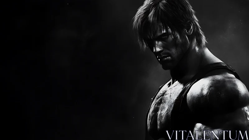 High-contrast digital painting of brooding muscular warrior.