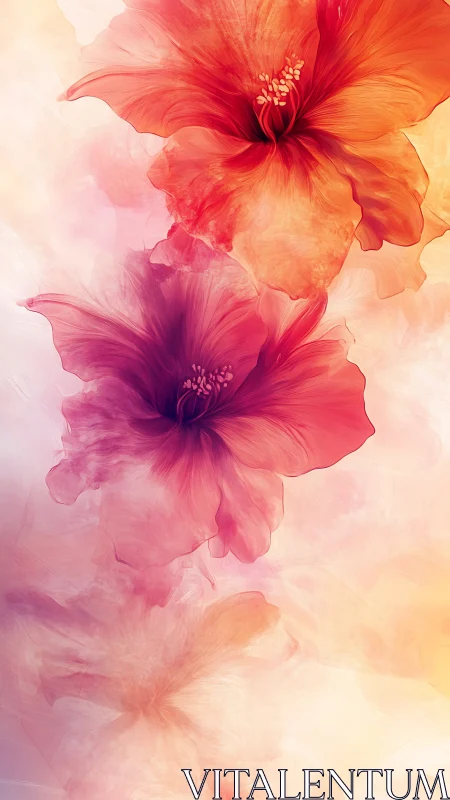 Translucent Hibiscus Flowers. Watercolor Gradient Study.