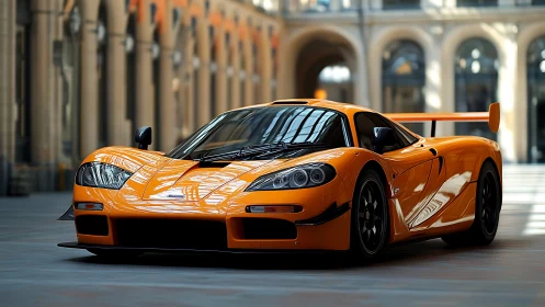 Orange track-oriented supercar under vaulted arcade lighting