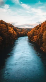 Calm blue river winding through glowing autumn forest valley.