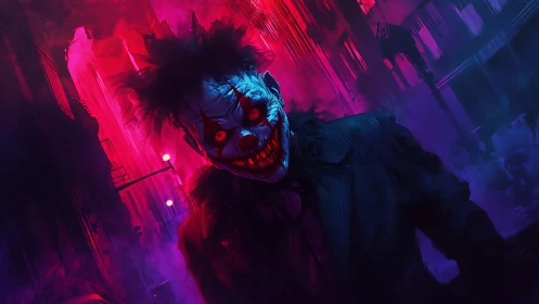 Grinning clown figure in neon lit urban alleyway at night.