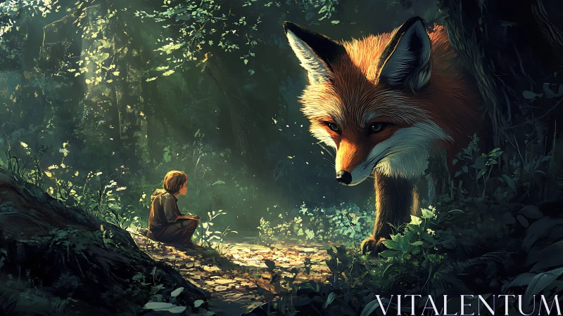 Gigantic fox and child in volumetric forest illumination.