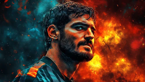 Fiery digital portrait contrasts cool teal and hot ember light.