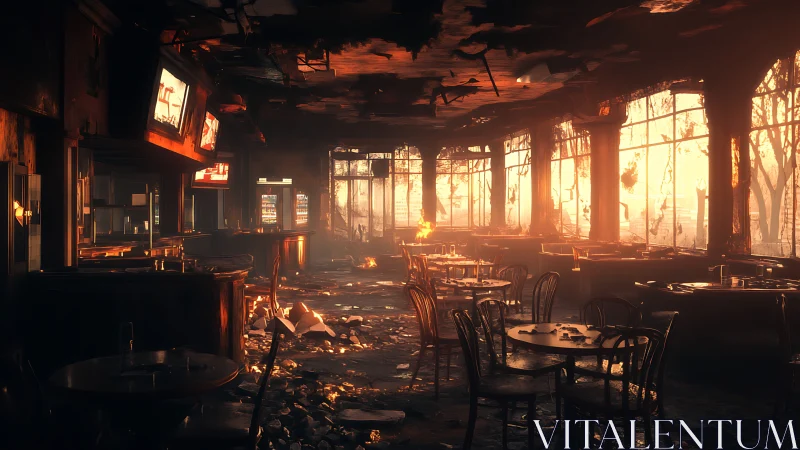 Burned out bar interior with scattered tables and debris.