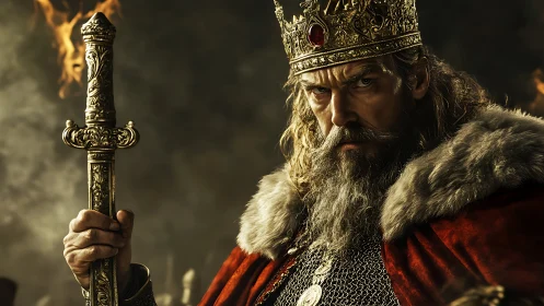 Battle-hardened medieval king grips ornate burning sword.