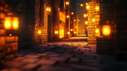 Voxel lanterns rehearse midnight sun along a glowing alley