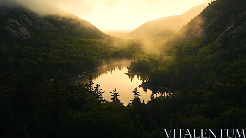 Golden mist rolls over a tranquil forest lake at sunrise