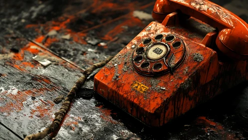 Weathered orange rotary phone rests on a stained floor