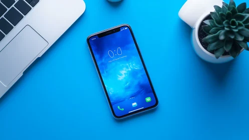 Smartphone with blue notched display on bright blue surface workspace setup