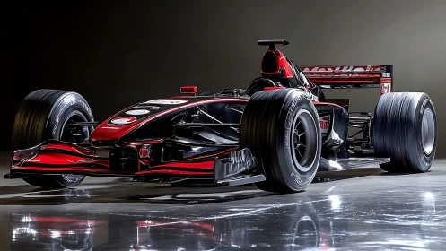 Modern single-seater racing car on reflective studio floor.