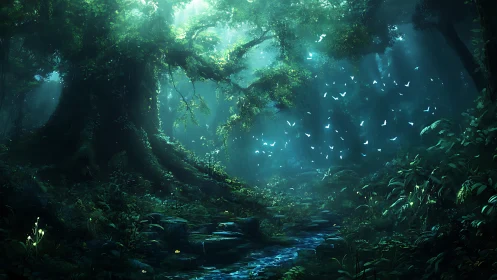 Undergrowth Scene With Stream And Atmospheric Light Diffusion.