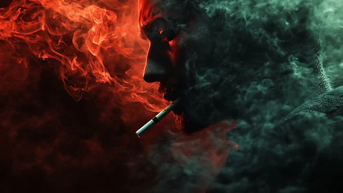 Side profile of smoker in dense red and green smoke cloud.