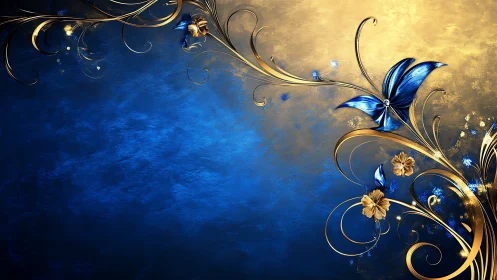 Blue gold floral scrollwork over textured gradient canvas.