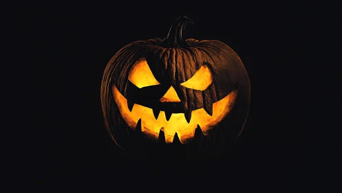 Glowing jack o lantern shows carved face in dark background