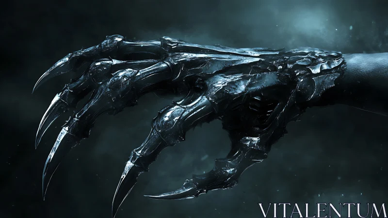 Demonic metallic claw extends through misty dark void.