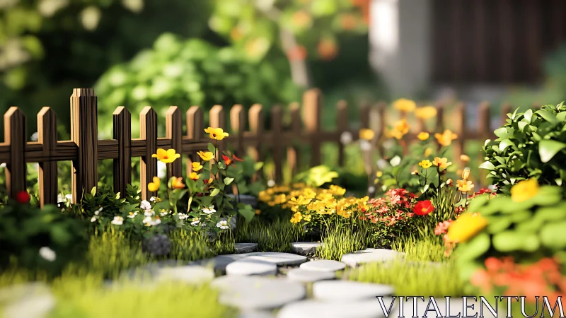 Sunny garden path beside a cozy wooden picket fence.