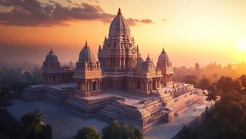 Digital render shows stepped stone temple complex at sunset