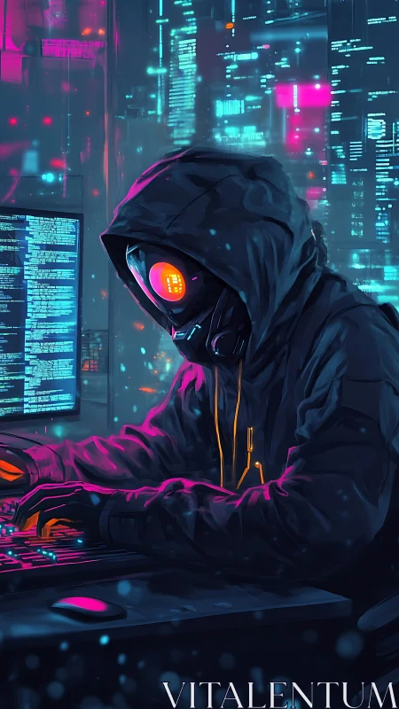 Neon masked hacker quietly codes in a glowing cyber city