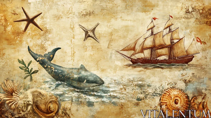 Vintage marine illustration shows sailing ship and sea life