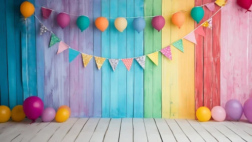 Colorful Rainbow Wooden Backdrop with Balloons and Bunting.