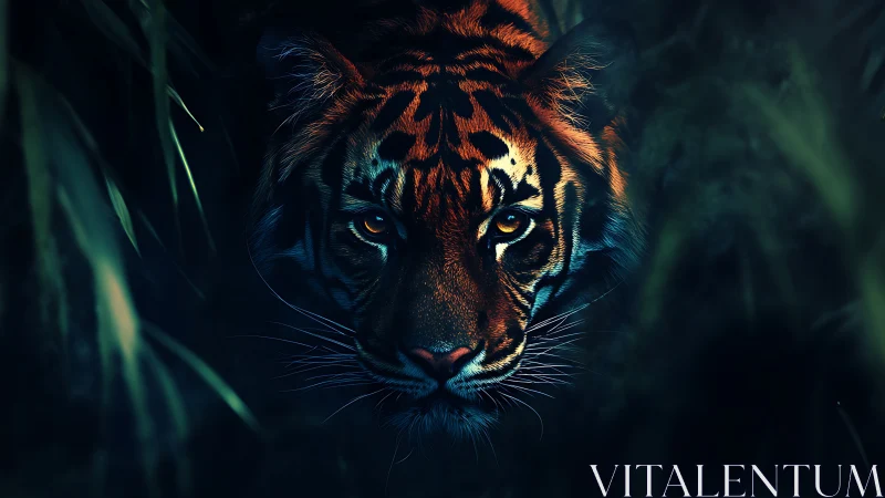 Nocturnal tiger gaze in high-contrast chromatic rendering.