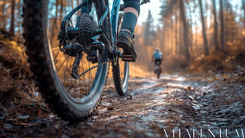 Mountain bike close-up emphasizes tread grip on forest trail at golden hour.