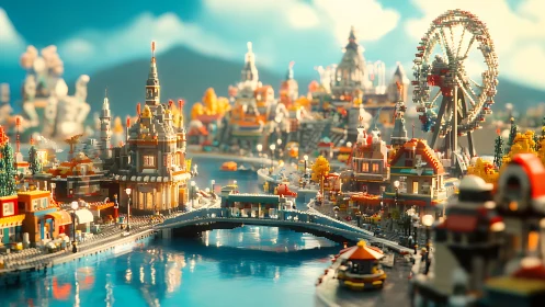 Toy brick riverside city glows under bright afternoon light.