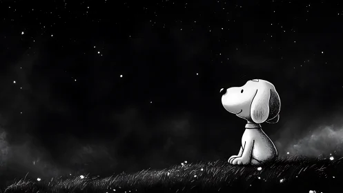 Cartoon puppy gazing at a starry night sky in grayscale.