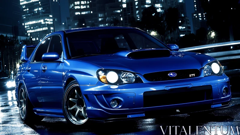 Blue Subaru sports car on wet city street at night scene.